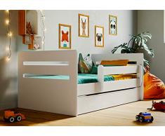 Bjird Letto per Bambini Singolo 140x80 160x80 180x80 con sponda anticaduta con barriera cassettone Estraibile e Telaio a doghe per Bambini e Bambine - Tomi - 80 x 140 cm (Senza Materasso) Bianco
