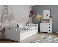 Letto per Bambini Singolo con sponda anticaduta con barriera cassettone Estraibile e Telaio a doghe per Bambini e Bambine - Julia - Bianco - 80 x 180 cm (Senza Materasso)