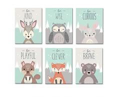 Set di 6 poster per la Cameretta Dei Bambini, Formato DIN A4, Murale Animale, Pittura Moderna Della Decorazione Animale del Fumetto Minimalista, Pittura di Fondo Della Tela Della Camera da Letto