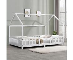 Letto per Adolescenti a Forma di Casetta e Barriere - Struttura in Legno di Pino - Letto a 1 Piazza e Mezza per Cameretta - Bianco