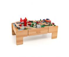 COSTWAY Tavolo e Set Treno Giocattolo in Legno, Set da Gioco Creativo Treni e Binari per Bambini con 100 Pezzi, Trenino per Bambini Anni 3+