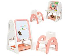 RELAX4LIFE Set di Tavolo con Libreria e Lavagna e Sedia per Bambini, Lavagna Magnetica Cancellabile con Altezza Regolabile, Tavolo Ribaltabile e Stoccaggio Ampio con Sedia (Arancione)