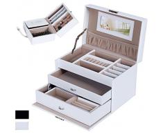 SONGMICS Scatola Portagioie a 3 Livelli, Custodia per Gioielli con 2 Cassetti e 1 Scatolina da Viaggio Portatile, per Anelli Braccialetti Orecchini Collane, Idea Regalo, Bianco JBC126W