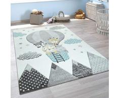 Grazioso Tappeto per la Cameretta dei Bambini Mongolfiera Nuvole Allegri Animali in Crema Pastello, Dimensione:120x170 cm