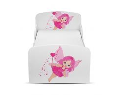 Letto Lettino Per Bambini In Legno e Materasso Magnifiche Stampe Dimensioni 140x70 Motivo Brava Piccola Magica Fata Fatina Principessa Rosa Maga Strega Mariposa