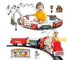 deAO Treno Classico con Luci e Suoni Set Natalizio di Binari, Locomotiva e 2 Carri Treno di Gioco Elettronico per Bambini Decorazioni Natalizie (Rosso o Verde)