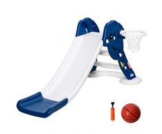 HOMCOM Scivolo per Bambini 1-4 Anni con Canestro, Pallone Basket e Pompetta per Giardino o Cameretta, Blu e Bianco