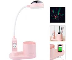Hacevida Lampada da Scrivania a LED, Lampada da Tavolo Batteria Ricaricabile 2000mAh con Portapenne e Proiezione di Stelle, Lampada Scrivania Bambini con Porta di USB, 3 Modalità di Luminosità, Rosa