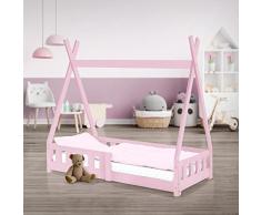 ML-Design Lettino per Bambini Design Teepee con Sponde Protezione Anticaduta Recinzione Rete a Doghe 70 x 140 cm Letto Tenda Indiana da Gioco in Legno di Pino Massiccio Rosa per Cameretta Casa