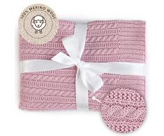 Mirari - Coperta di lana lavorata a maglia per neonati, in 100% lana merino, 75 x 100 cm, coperta calda, colore rosa