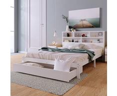 KecDuey Letto matrimoniale in legno massello con cassetti e rete a doghe, libreria ragazzi e adulti (bianco, 140 x 200 cm)