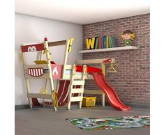 WICKEY Letto a soppalco con scivolo CrAzY Smoky Letto gioco 90x200 con rete a doghe e accessori gioco, Letto macchina dei pompieri, telo rosso + scivolo rosso