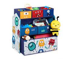 Relaxdays Scaffale Portagiochi, Motivo Mostri, Cameretta Bambini, 6 Box in Stoffa, HxLxP: 66x 63,5x30 cm, Multicolore, Pannelli in MDF, Legno di Pino, Tessuto Non Tessuto