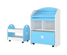 Homfa Libreria per Bambini Portariviste per Bambini Libreria e Portagiocattoli,Scaffale con cassetto 2 Scomparti 3 Scomparti pensili,Mobile Portariviste con 2 Carrelli Giocattolo (Blu)