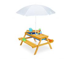 Relaxdays Tavolino da Bambini per Esterno, Tavolo da Picnic per Giardino, Set Due Panche e Ombrellone, Legno, Naturale, 70% 20% Poliestere 10% plastica, 49 x 86 x 92,5 cm