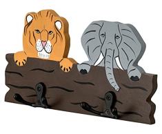 Appendiabiti da parete per cameretta dei bambini, motivo: il re della giungla, leone e elefante, con 4 ganci, 21,5 x 11 x 1 cm