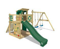 Gioco da giardino WICKEY Smart Camp con altalena e scivolo verde, struttura da esterno per bambini con sabbiera, scaletta e accessori da gioco