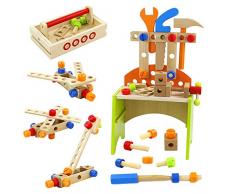 Cassetta Attrezzi Bambini Attrezzi Giocattolo Legno-Cassette Legno Bambini Tavolo di Legno Banco Set Attrezzi de Lavoro Scuola Officina Bambini Giochi Bambino Educativi Ragazzo Ragazza 3 4 5 6 Anni