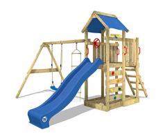 WICKEY Parco giochi in legno MultiFlyer Giochi da giardino con altalena e scivolo blu, Torre darrampicata da esterno con sabbiera e scala di risalita per bambini