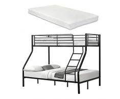 [neu.haus] Letto a Castello Metallo 2 Materassi a Schiuma Fredda Barriera anticaduta 200cm x 140/90cm Letto per Bambini Nero