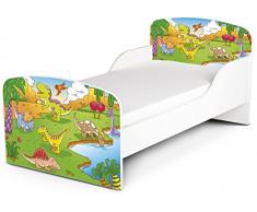 Letto Lettino Per Bambini In Legno e Materasso Magnifiche Stampe Mobili Per Bambini Attrezzatura Stanza Per Bambino Dimensioni 140x70 Motivo Dinosauri Preistoria Mondo Di Grandi Rettili