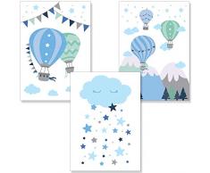 PREMYO Quadri per Camera Bambini - Set Poster Mongolfiera Nuvole Blu - Stampe Parete Decorazione Cameretta Neonato A4