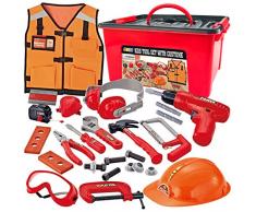 JOYIN 24 Pezzi Accessori Giocattolo Costruzione Playset Costruzione Kit Giocattoli Finti Inclusi Costume da Lavoro e Trapano Giocattolo Elettrico in Cassetta Portatile