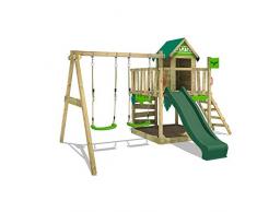 FATMOOSE Parco giochi in legno JazzyJungle Giochi da giardino con altalena e scivolo verde, Casetta da gioco per larrampicata con sabbiera e scala di risalita per bambini
