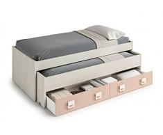 Dmora Struttura Secondo Letto Estraibile con Cassettone e Una Mensola Coordinata a Muro, 199 x 65 x 95 cm, Effetto Legno Chiaro e Rosa