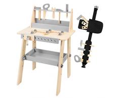 mamabrum Banco da Lavoro per Bambini in Legno, più di 37 Parti e Accessori Giocattoli con Cintura da Avvitare, Gioca Set da Costruzione Creativo, Gioco di Ruolo Attivo dei Bambini