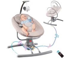 DJEDJEO Dondolo Neonati, Sdraietta Neonati Elettrica 0-9 kg, Culla 8 Melodie e Telecomando Altalena Neonato con 3 Velocità Cinture a 3 Punti Doppia Base Stabile