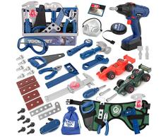 Vanplay Cassetta Attrezzi Bambini Attrezzi Giocattolo con Trapano Elettrico, Metro a Nastro, Auto di Montaggio, Attrezzi Lavoro STEM Regalo per Bambini Ragazzo Ragazza 3 4 5 6 7 8 Anni (87 Pezzi)
