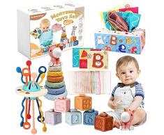 Auezona Giochi Montessori 6-9 Mesi, 4 in 1 Giochi Neonati Bambini con UFO Giochi Bambini, Giocattoli Neonati Blocchi di Costruzione Impilabili per Giochi Neonati Montessori 3 6 9 12 Mesi 1 2 3 Anno