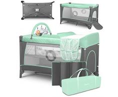 lionelo Flower 2in1 Lettino da campeggio neonato, Pieghevole con fasciatoio, Box bambini dalla nascita fino a 15 kg con matteraso, Portaoggetti, giocattoli pendenti, Entrata laterale, Borsa