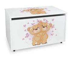 Leomark Contenitore portagiochi in legno, Grande baule per giocattoli, panca su ruote, scatola con coperchio, cassapanca per bambini, dimensioni: 71 cm x 40 cm x 46 cm (LxPxA) (Orsi)