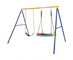 GYMAX Set di Altalene Doppio da Giardino, Supporto Metallico di Altalena, Altalena in Tela Rotonda e Altalena in EVA Inclusi, Portata di 150+150 kg, Ideale per Nido, Parco, Cortile