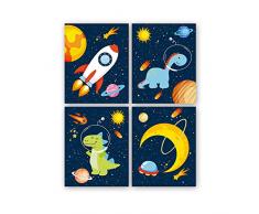KAIRNE Set di 4 Poster Spaziali,Quadri per Camera Bambini,Poster e Stampe Dinosauro Astronauta,Animali Razzo Stampe Parete su Tela per Stanza del Ragazzo Asilo Nido Decorazioni,Senza Cornici,20×25CM