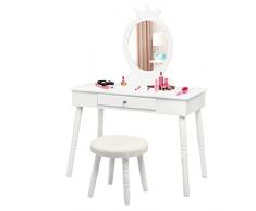 RELAX4LIFE Set di Tavolo da Trucco con Sgabello per Bambini, Toeletta con Specchio Rotondo per Ragazzi, Tavolo Cosmetici con Gambe in Pino Naturale Stabile per Cameretta, 70 x 34 x 100 cm (Bianco)