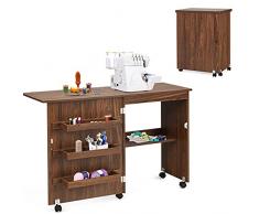 RELAX4LIFE Tavolo da Cucito Pieghevole su Ruote, Mobile Macchina da Cucire in legno, Scrivania Rimovibile multiuso, Ideale per soggiorno, Camera da Letto e Studio (marrone sicuro)