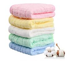 Xzeemo 5 Pcs Mussole Neonato Asciugamani, Salviette in Cotone Biologico Naturale, Panni per Rutti per Bambini 100% cotone per Pelle Sensibile Bebè, Asciugamano per Bambini Morbidi e Assorbenti 45*30cm
