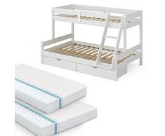 VitaliSpa Letto a soppalco Everest Letto per bambini moderno in legno massello Letto per cameretta Letto per arrampicata Letto matrimoniale + cassetto (Bianco 120x200cm + cassetti e materassi)