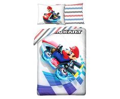 Biancheria da letto per bambini, 2 pezzi, Super Mario Gokart NO-429BL, 140 x 200 + 1 federa, blu, rosso, bianco, 100% cotone, Öko-Tex