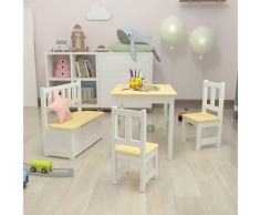 [en.casa] Set Mobili per Cameretta Composto di 1 Tavolo, 2 Sedie e 1 Cassapanca - Set Arredo in Legno con Sedute in MDF - Mobili a Misura di Bimbi - Bianco/Naturale