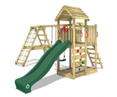 WICKEY Parco giochi in legno RocketFlyer Giochi da giardino con altalena e scivolo verde, Torre darrampicata da esterno con sabbiera e scala di risalita per bambini