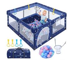 Kidsbuddy Box per bambini, 130 x 130 cm, design antiscivolo, con rete traspirante, griglia di protezione per bambini, set con 30 sfere, parco giochi di sicurezza per bambini, blu scuro