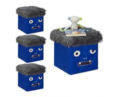 Relaxdays 4X Pouf Contenitore, Porta Giochi per Bambini, Sgabello, Arredamento Casa, Poggiapiedi, 32x32x32 cm, Blu/Grigio