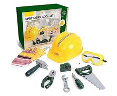 Veluoess 10 Pezzi Attrezzi da Lavoro Giocattolo per Bambini,Set di Strumenti di Costruzione con Casco di Sicurezza Occhiali Guanti e Accessori per Utensili,Regali Educativi per Bambini