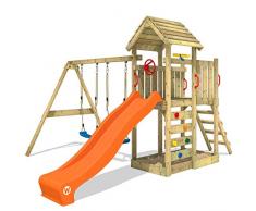 Gioco da giardino WICKEY MultiFlyer con tetto in legno, altalena e scivolo anrancione, struttura da esterno per bambini con sabbiera, scaletta e accessori da gioco