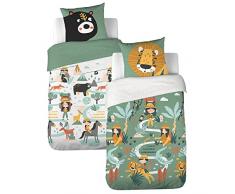 Parure da letto per bambini reversibile Leone e orso: copripiumino 140 x 200 cm + 1 federa 63 x 63 cm, 100% cotone ammorbidito