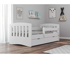 Bjird Letto per Bambini Singolo 140x70 160x80 180x80 con sponda anticaduta con barriera cassettone Estraibile e Telaio a doghe per Bambini e Bambine - Classico - Bianco - 80 x 160 cm